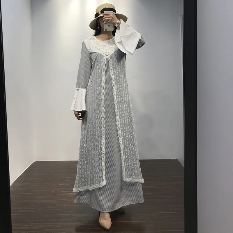 Fashion Gadis Muda Patchwork Renda Panjang Ramadan Wanita Muslim Gaun Malaysia Indonesia Wanita Kasual Pakaian 8006