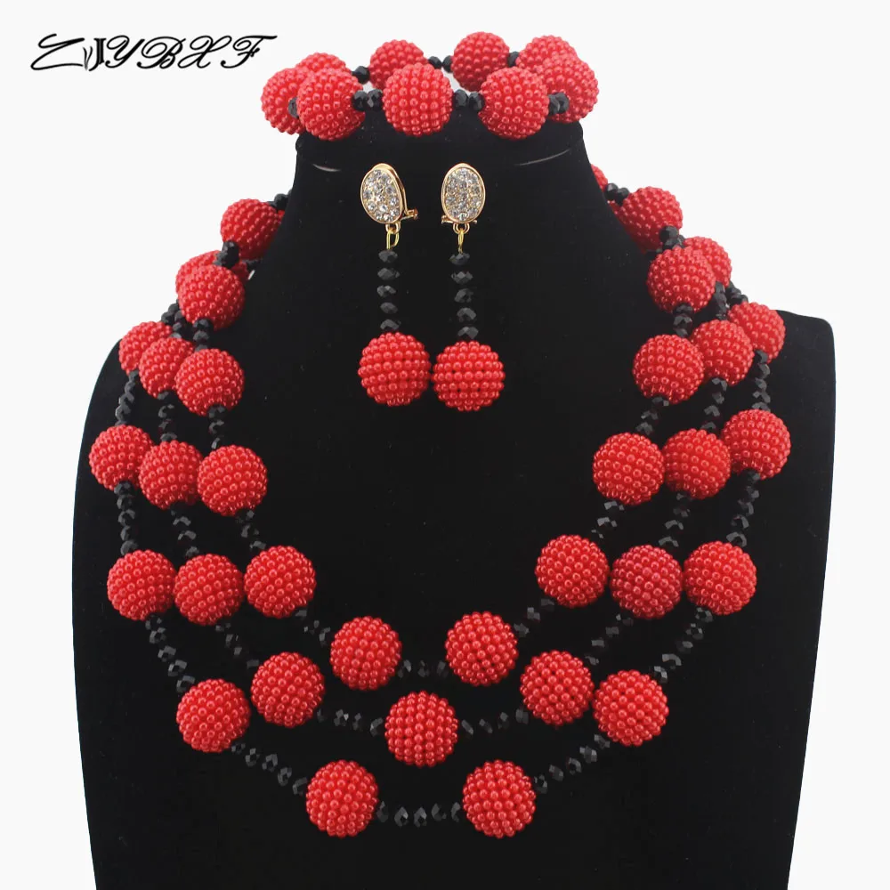 

Amazing New African Red Ball Beads Jewelry Set Nigerian Wedding Black Crystal Beads Jewelry Set Wedding Jewelry Set HD8617