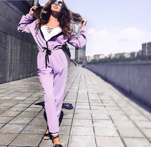 Women Autumn Casual Hooded Long Sleeve Drawrsing Loose Jumpsiut Ladies Solid Zipper Pocket Jumpsuits | Женская одежда