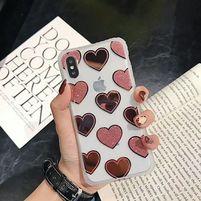Блестящий чехол для телефона с сердечками Iphone 8 7 Plus модный зеркальный 6/6 X Xr Xs Max