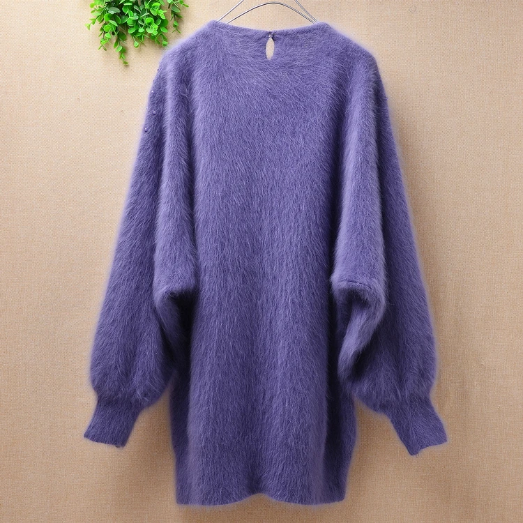 

femme top mujer winter vintage beading crochet angora rabbit fur knitted o-neck loose long bat sleeves basic pullover sweater