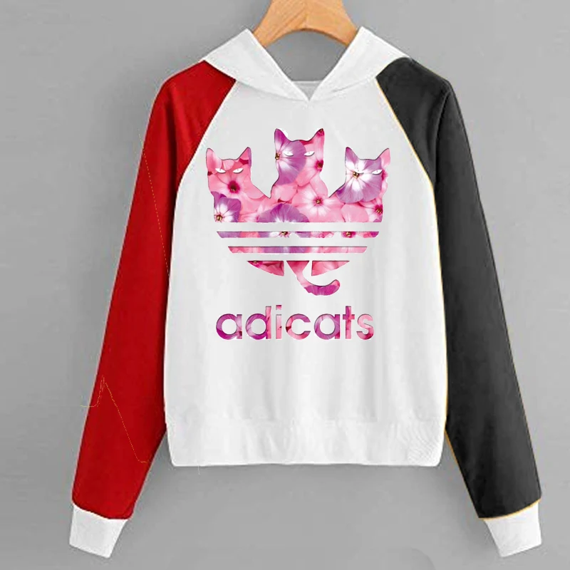 Новые модные женские туфли adicats толстовки с капюшоном и принтом kawaii harajuku женские с капюшоном и длинными рукавами Повседневное забавные без рукавов с принтом кошки, свитшоты в стиле пэчворк