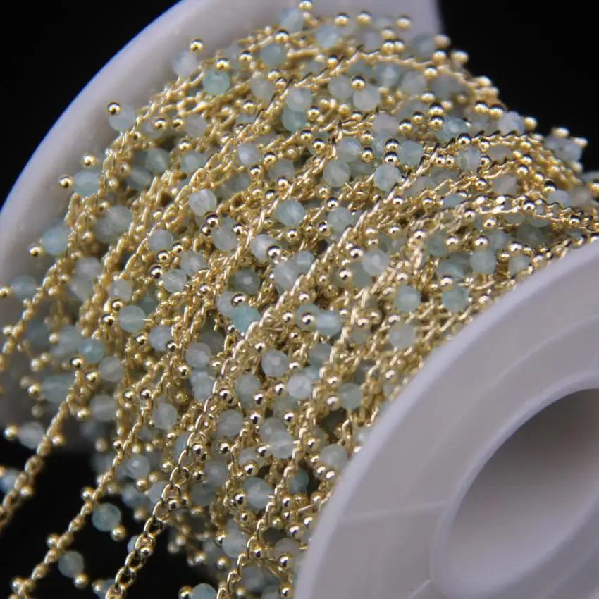 5Meter 2mm Faceted Aquamarine Rosary Chain Small Size Round Beads Gold Color Brass Wire Wrapped Necklace Sweater Chains | Украшения и
