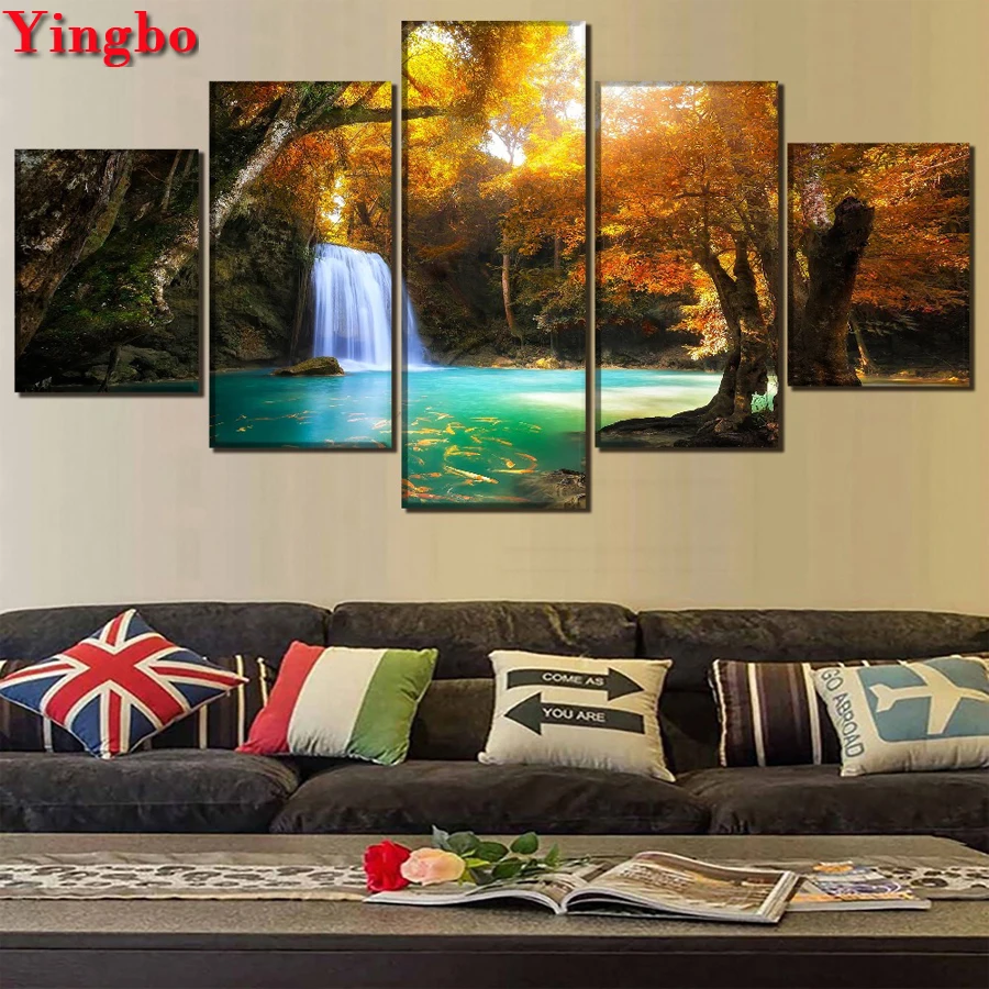 

Full Round DIY Diamond Embroidery Waterfall landscape Diamond Painting Mosaic Rhinestones Picture 5 pcs Cross Stitch Room Decor