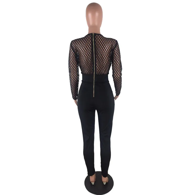 

New Sexy Bodycon Jumpsuits for Women Lace Up Bandage Rompers Club Wear Deep V-Neck Sheer Mesh Plaid Long Sleeve Evening Overalls