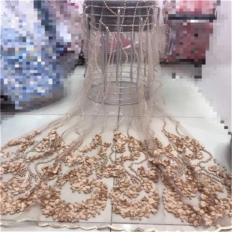 Новый дизайн 2018 африканской сетчатой кружевной ткани с бисером, высокое качество французской трехмерной сетки для женского платья.