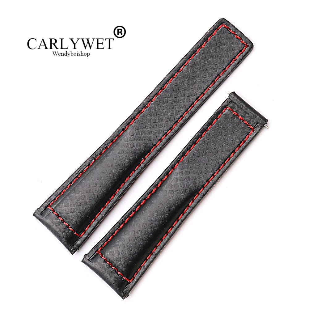 

CARLYWET 20 22 мм, оптовая продажа, черный с красными стежками, высококачественный сменный ремешок из натуральной кожи для часов