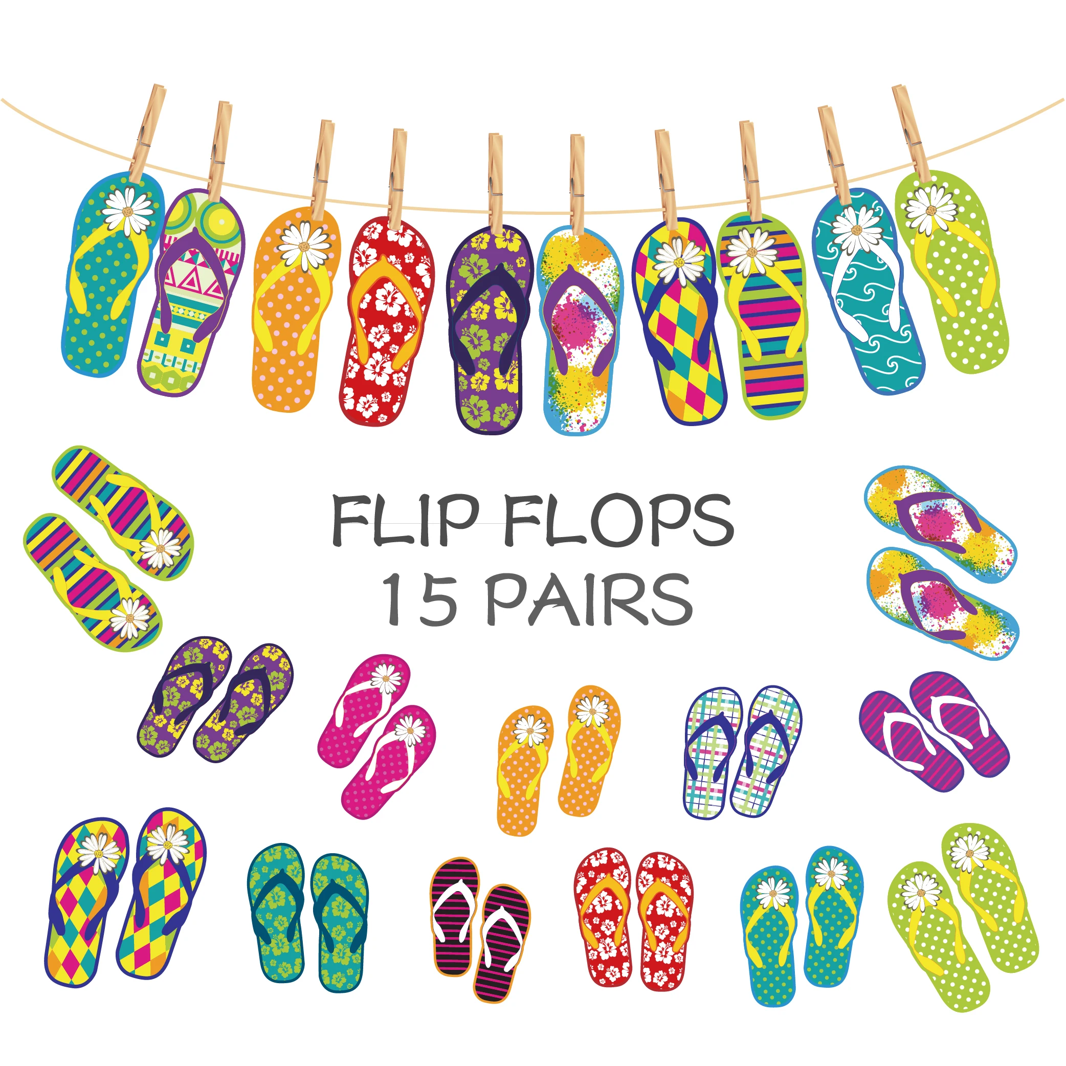 

15PCS Hawaii Luau Party DIY Flip Flops Banners Hanging Bunting Backdrops Summer Hawaii Theme Party Decor With Wooden Clips BA042