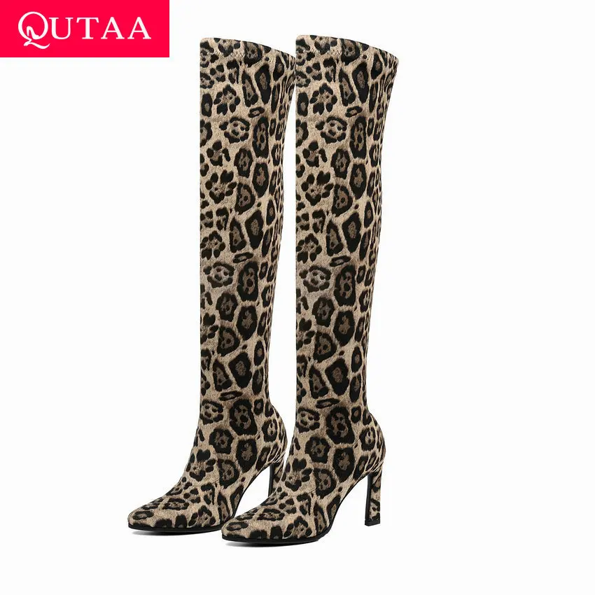 Женские леопардовые сапоги QUTAA с острым носком на высоком каблуке из | Ботфорты -33030522535