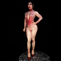 sexy red fireworks rhinestone elastic jumpsuit nightclub concert singer dancer costume
