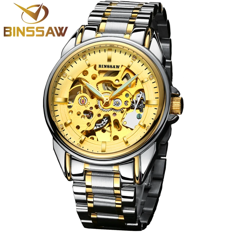 Часы BINSSAW Мужские механические роскошные брендовые черные модные автоматические