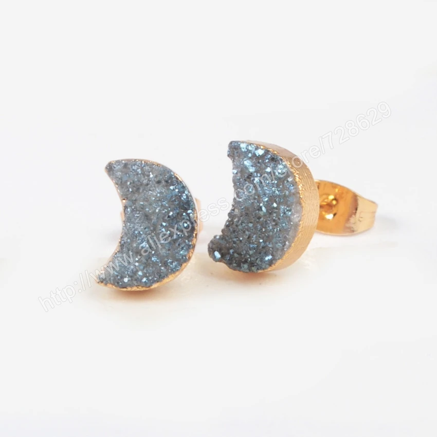 5pcs Gold Color Moon Natural Crystal Titanium Mix Druzy Stud Earrings High Quality Drusy Jewelry Free Shipping G0913 | Украшения и