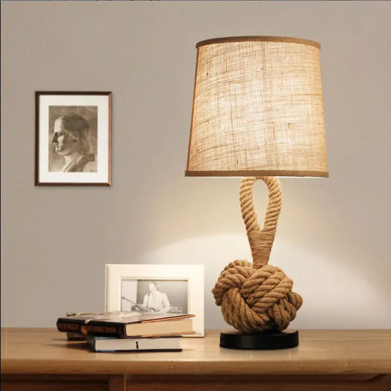 

American Creative Table Lamp Retro Linen Bedside Light Bedroom Study Office Hotel Room Light Hemp Rope Decorative Desk Lamp