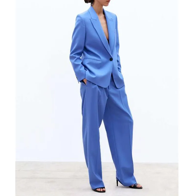 

Women's Blue Casual Suits Single Button Blazer Jacket High Waist Pants Set Office Ms. Official Two-Piece Set