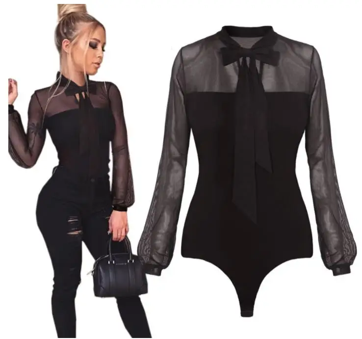 

2021 Summer Bodysuit Women Sexy Bow Black Bow Neck Long Sleeve Back Ladies Lace Mesh Bodysuit Transparent Tops
