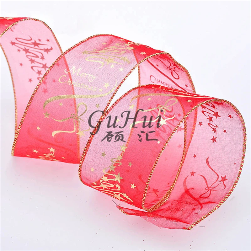 10 метров лента из органзы с рисунком рождественской елки | Дом и сад