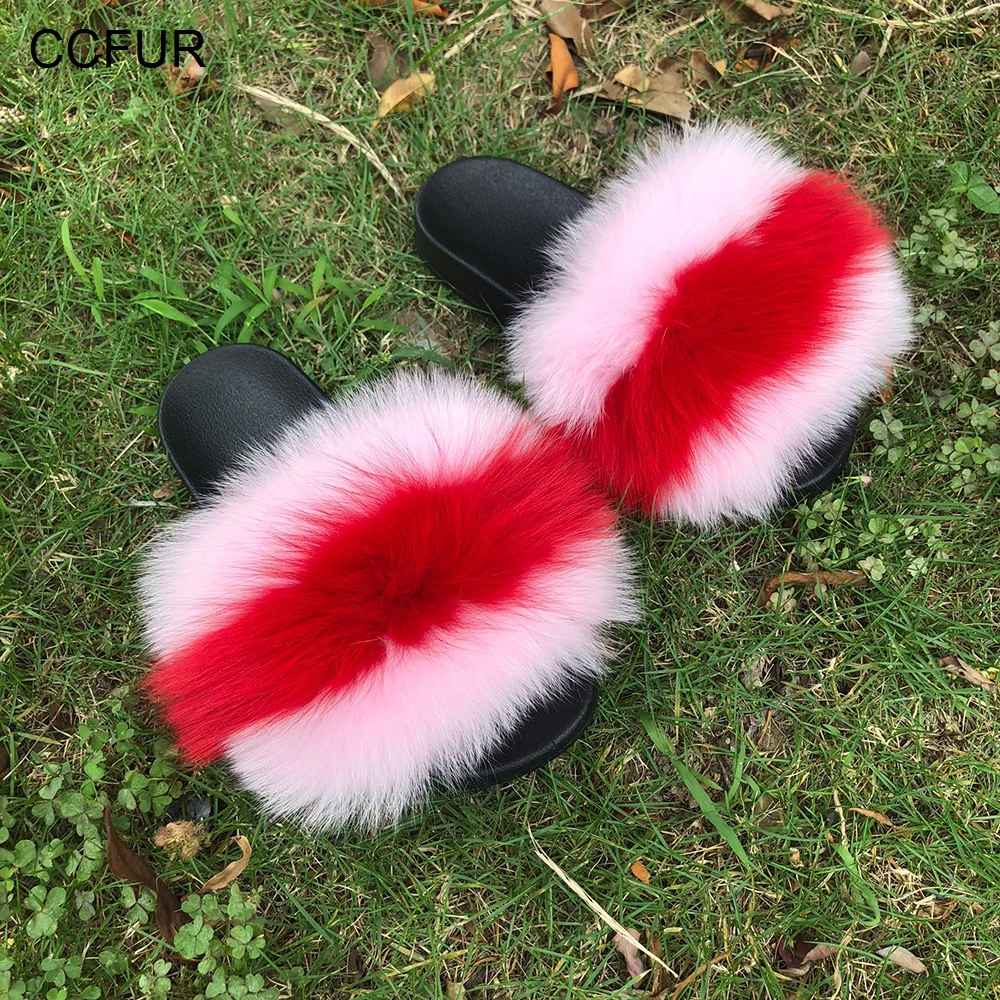 CCFUR New Colors Summer Slides Women's Real Fox Fur Slippers Fluffy Fur Sliders Mixed Color Fashion Lady S6048