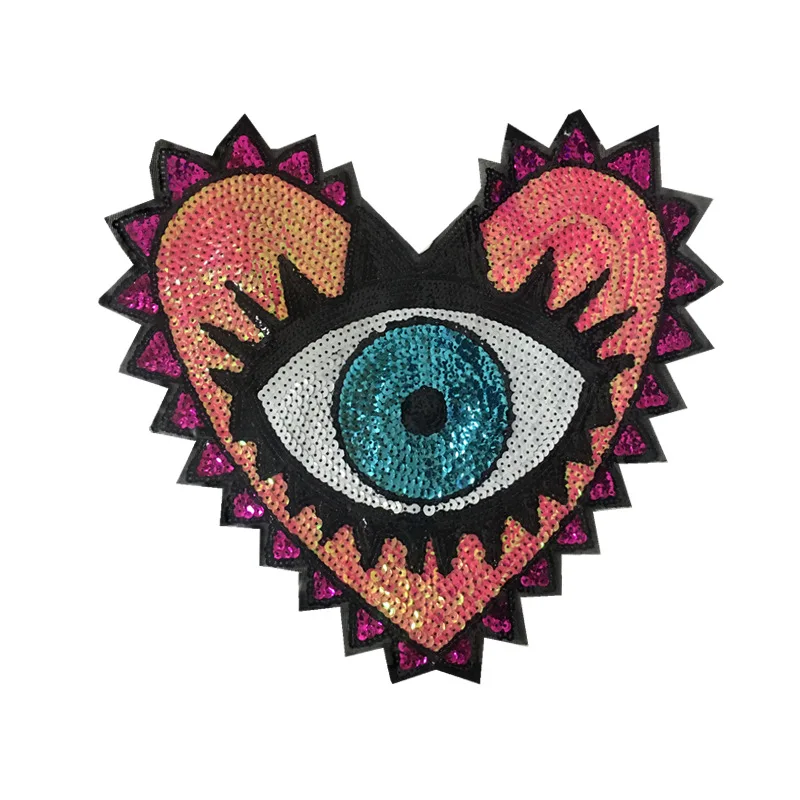 

1Pc Love Large Sequin Heart Evil Eyes Patch No Glue Cartoon Motif Applique Embroidery Garment Accessory