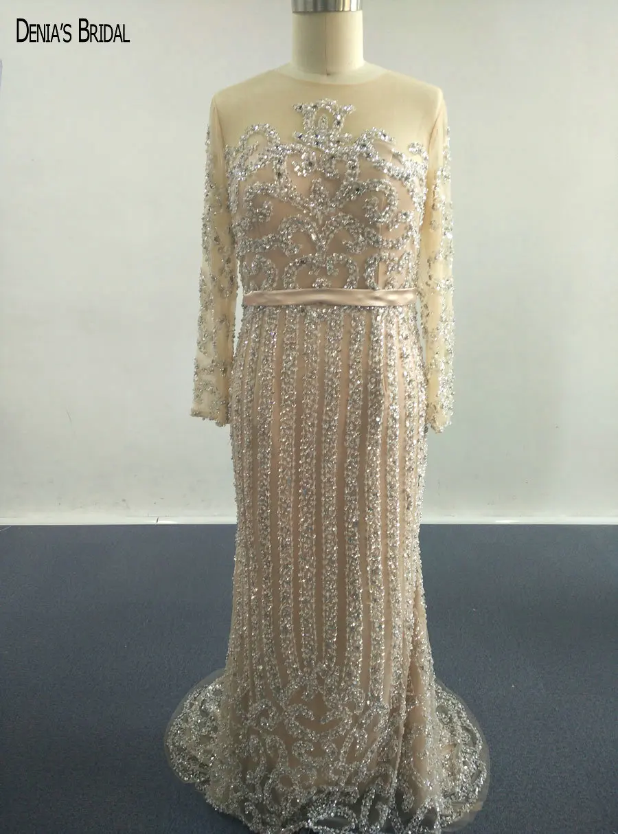 2017 Русалка шампанского вечерние платья с глубоким декольте бисером длина до пола