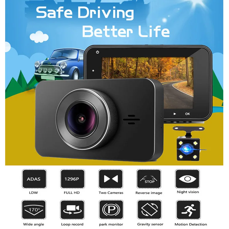 QUIDUX 2018 Новый 3 0 дюймовый автомобильный видеорегистратор 1296P с двумя объективами