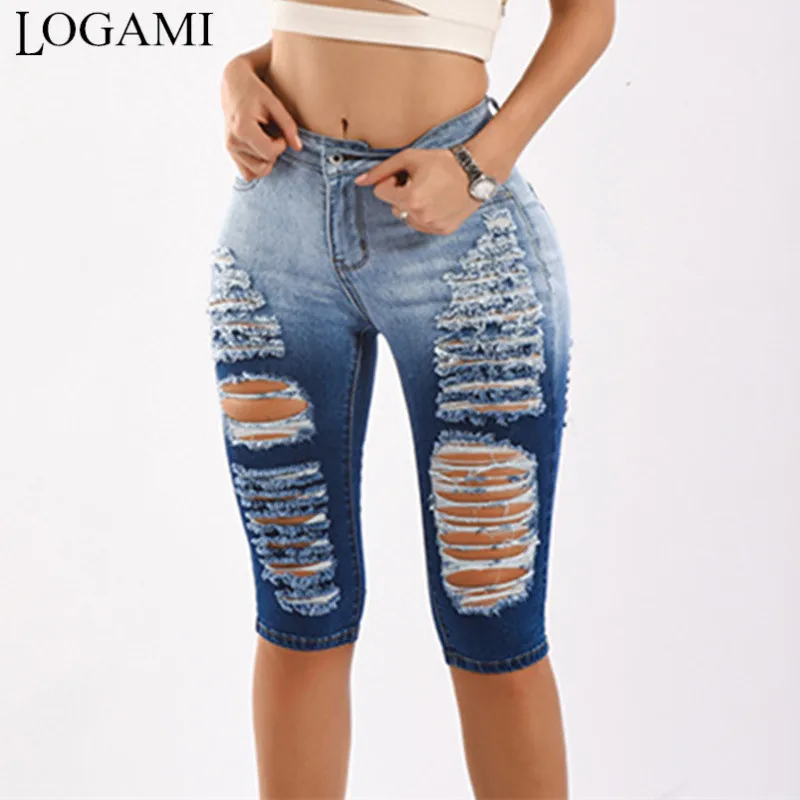 Джинсы LOGAMI женские рваные до колен летние мото байкерские шорты карандаш из