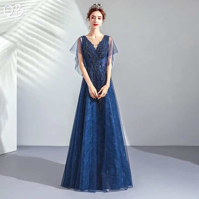 

Dark Blue 2019 New Fashion A-line Floor Length V-neck Tulle Lace Pearls Beaded Vintage Prom Party Gowns Formal Dress XK393