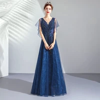 dark blue 2019 new fashion a line floor length v neck tulle lace pearls beaded vintage prom party gowns formal dress xk393