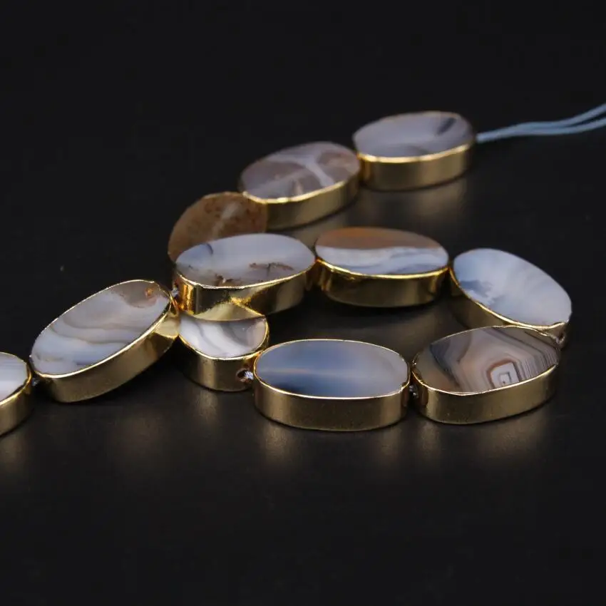 11pcs Natural Grey Marine Agates Flat Oval Slice Beads Plating Gold Edged Gems Stone Slab Pendants Bracelets Jewelry Making | Украшения и