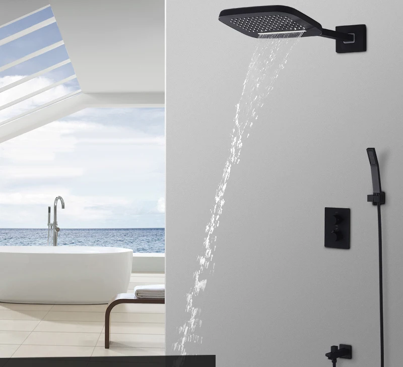 hm Black Shower Термостатический водопад Дождь Насадка для душа и ручной душ из твердой латуни Система смесителей для ванной