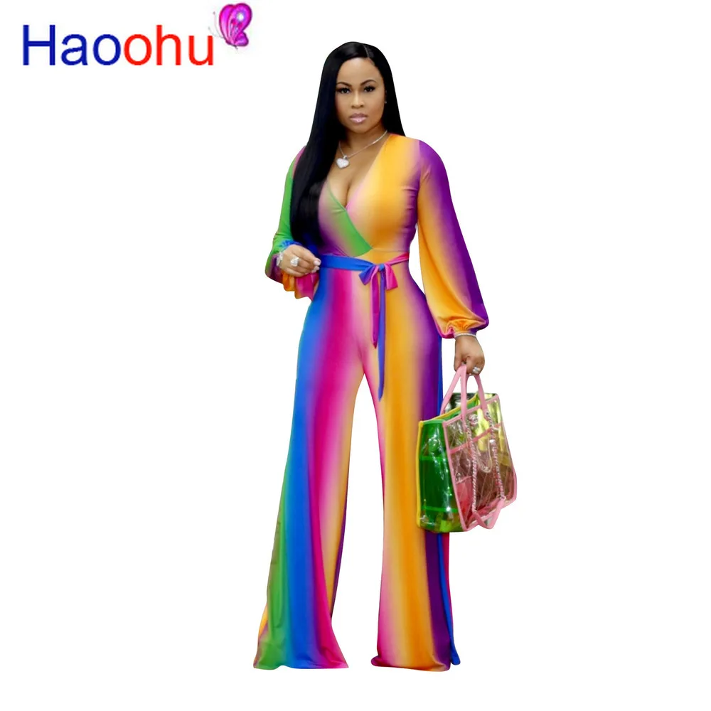 

HAOOHU 2019 Full Sleeve V-Neck Jumpsuits Rainbow Stripe Sashes Loose autumn/winter Women fashion Sexy casual nightclub Rompers