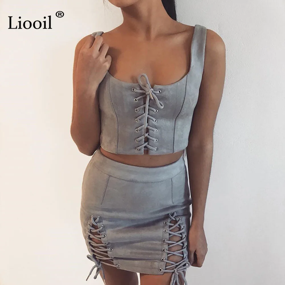 Серый Liooil, сексуальная черная замшевая Женская юбка-карандаш, высокая талия, Осень-зима, открытая, на шнуровке, Винтажные белые мини-юбки, женская одежда - Цвет: Серый