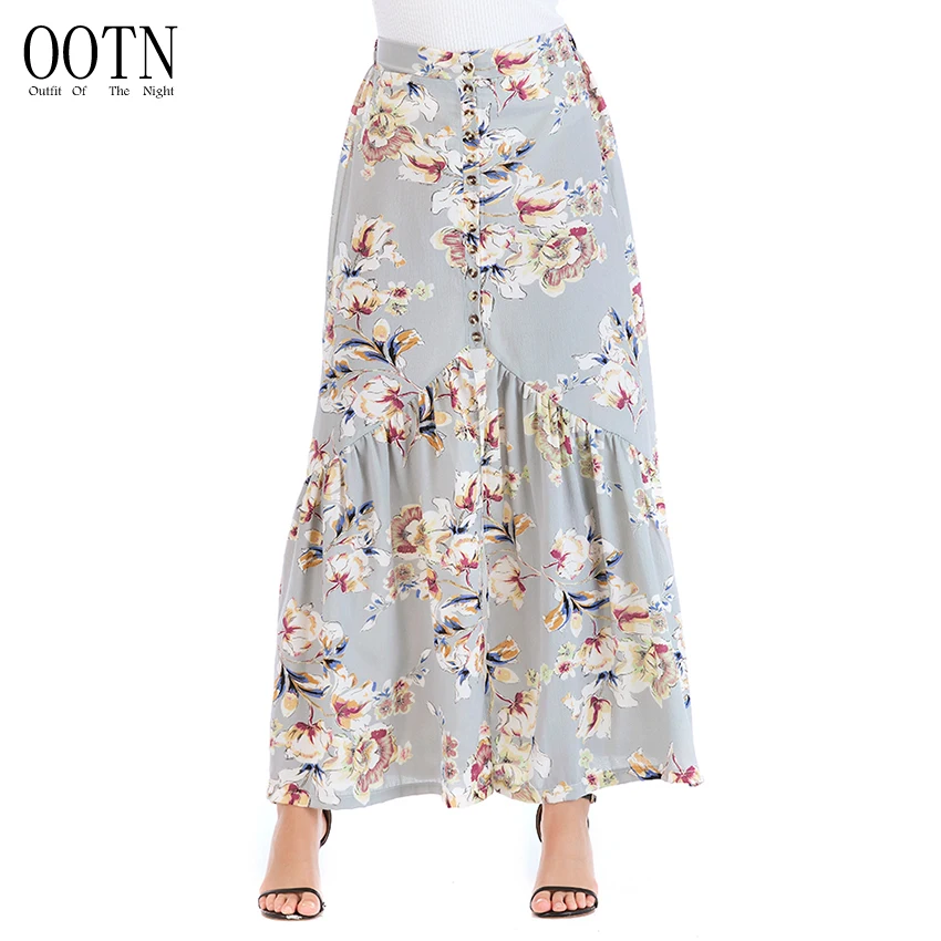 OOTN серый белый желтый с цветочным принтом Для женщин юбка Высокая талия длинная