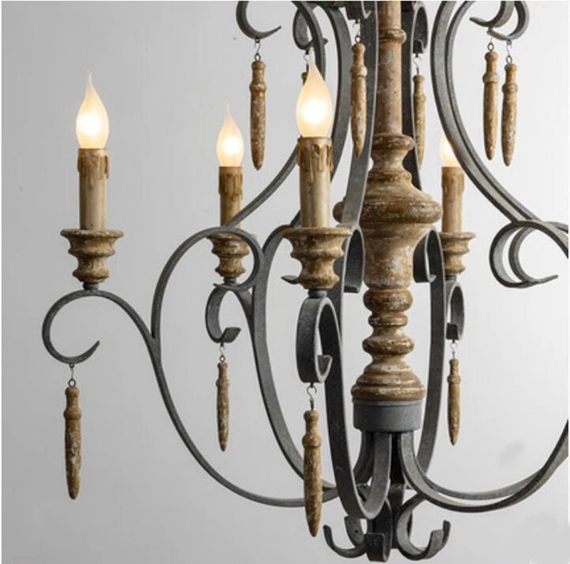 Винтажный деревянный подвесной светильник с 6 головками в скандинавском стиле