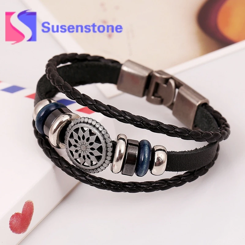 Многослойный кожаный браслет для мужчин и женщин винтажный плетеный ручной