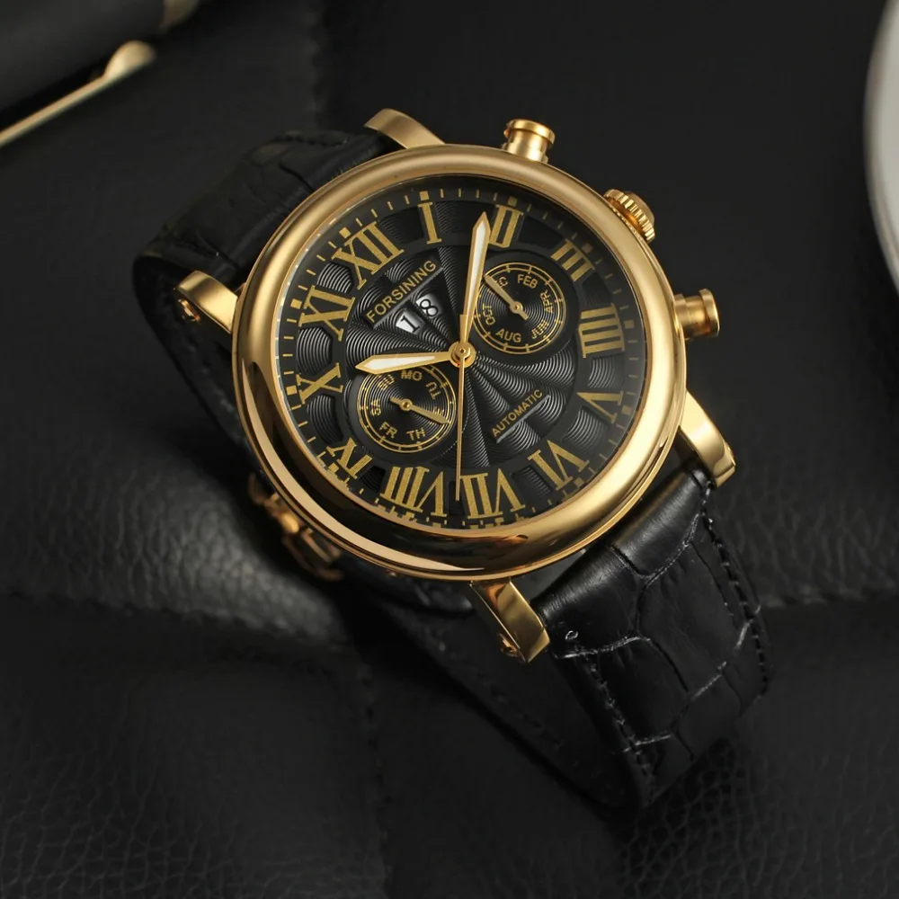 Stainless Steel Case Gold Color Bezel Genuine Leather Month Day Week Function relogio automatico masculino watch /FSG9407M3G2 | Наручные