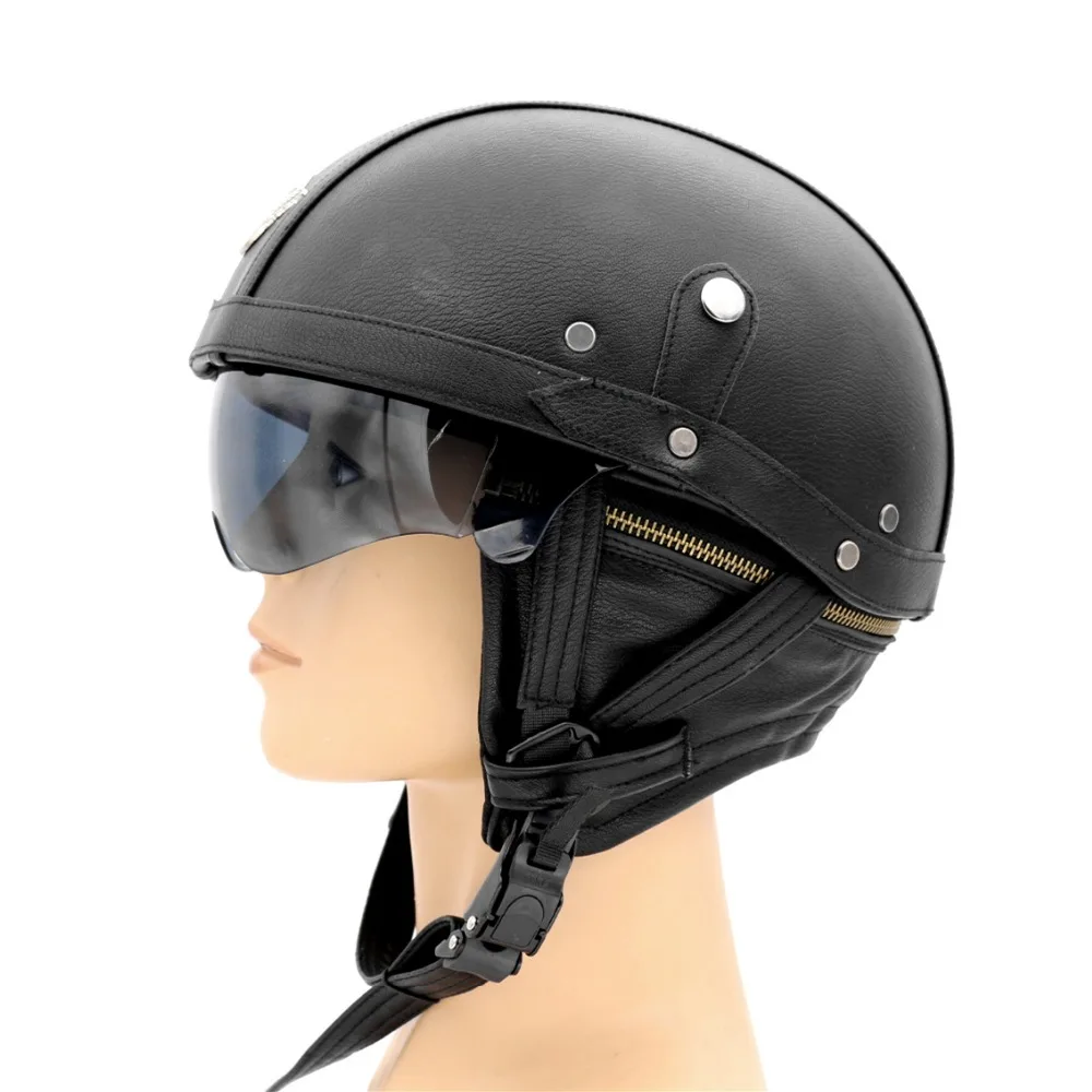 

Motorcycle Motorbike Rider Half Open Face PU Leather Helmet Visor With Collar Leather vintage Motorcycle Motorbike Vespa