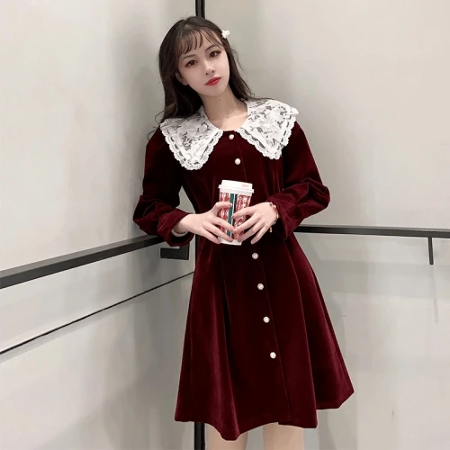 Korean Chic Preppy Style Vintage Gold Velvet Women Dress Lace Peter Pan Collar Full Sleeve Pearl Button Kawaii Dresses Woman | Женская