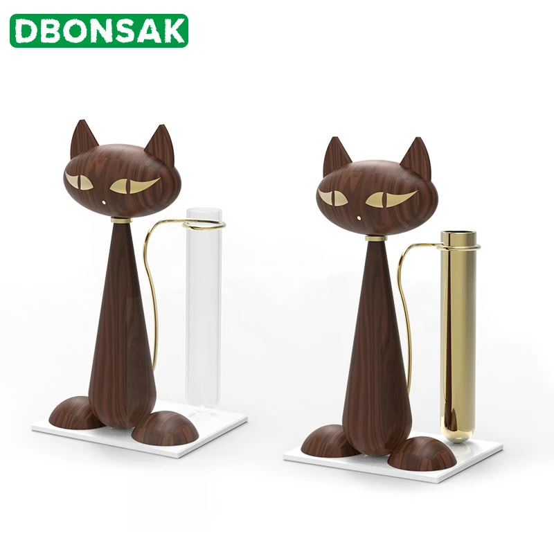 

Nordic Style Walnut Metal Cute Cat Shape Flower Vase Desktop Art Crafts Home Wedding Decoration for Plant Livingroom Officeroom