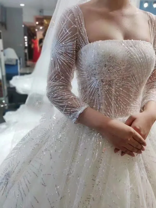 

Sparkle Ivory A Line 3/4 Sleeve Strapless Netting Sequined Lace Floor length Bridal Gown Wedding Dresses
