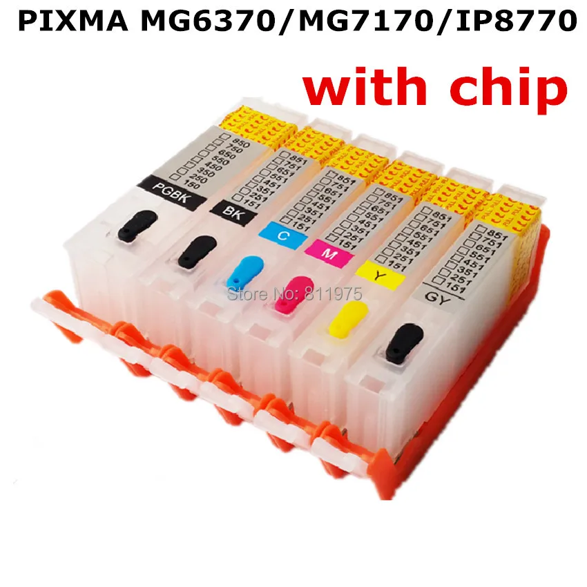 

1 set For CANON PIXMA MG6370 MG7170 IP8770 printer PGI-750 BK CLI-751 refillable ink cartridges 6 color with permanent chips