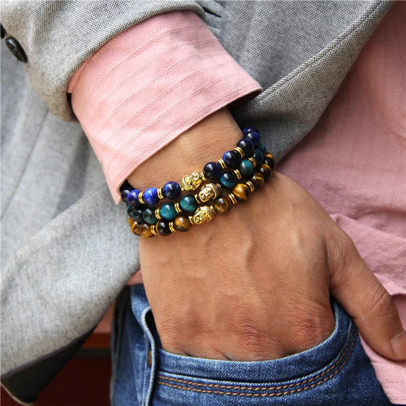 

Men Buddha head charm bracelet Men Beaded bracelet Jewelry 8mm tiger eye Stone Beads Bracelets Gift women Stretch Yoga Jewelry