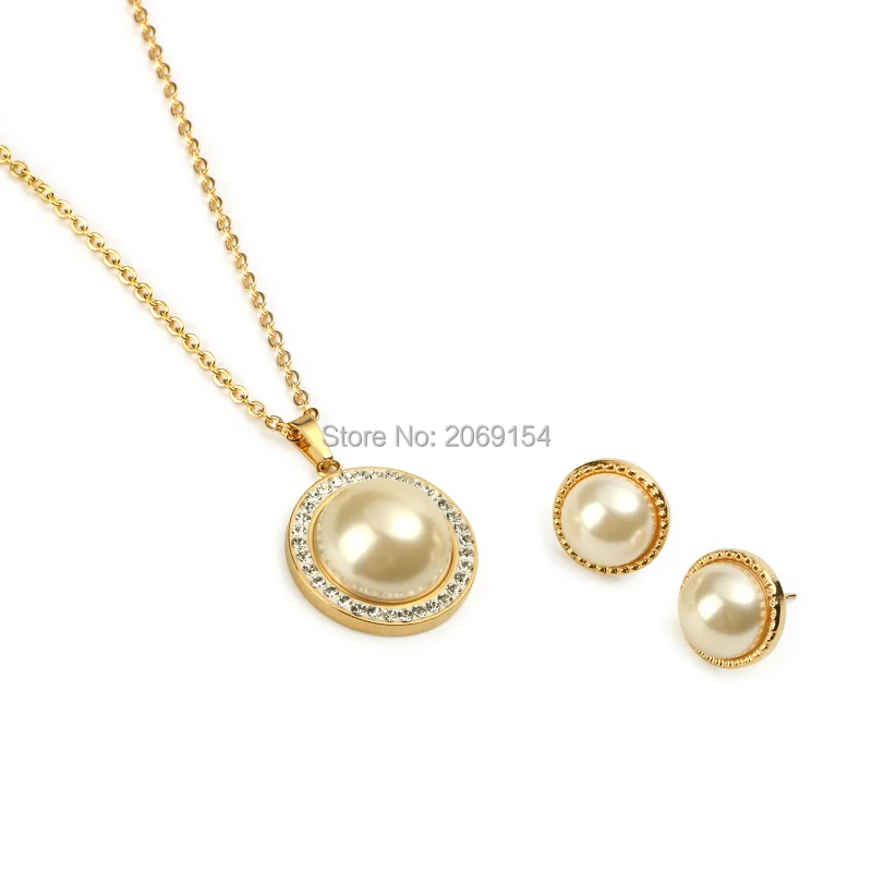 

Bridal Jewelry Set Pearl Charm Choker Necklace Earring Stainless Steel Classic Gold Pendant Crystal Luxury For Wedding