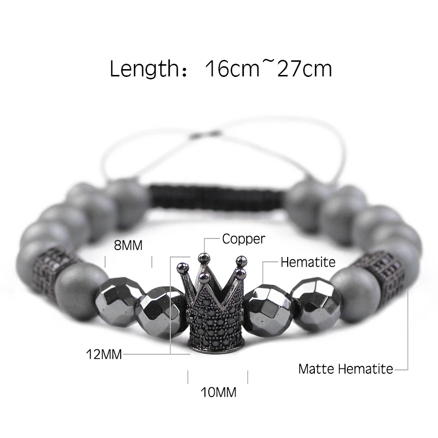 JHNBY Crown 8mm Matte Hematite Bead Pave CZ Men Charms Bracelet Braided Rope Trendy Women Copper Bangle Jewelry Pulseras Hombre | Украшения