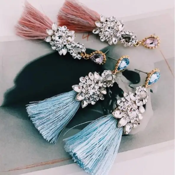 Новые Модные Винтажные длинные висячие серьги с кристаллами и кисточками для