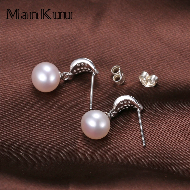 

ManKuu Classic Dangle Earrings For Women 8-9mm Natural Round Freshwater Pearl Drop Earrings 925 Sterling Silver Dangle Earrings
