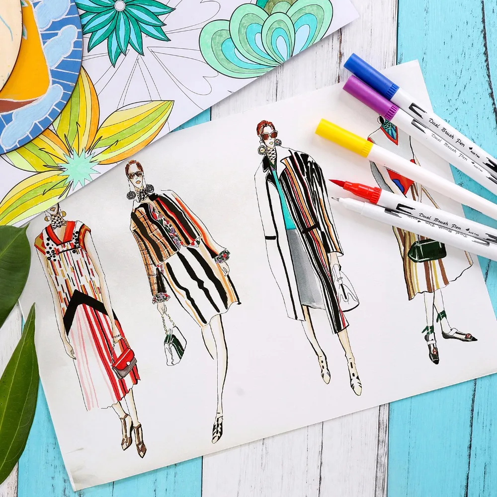 

Bianyo 12/24/36/48Colors 0.4mm Fineliner Water based Dual Head Sketch Markers Brush Pen for Coloring Books Design Art Supplies