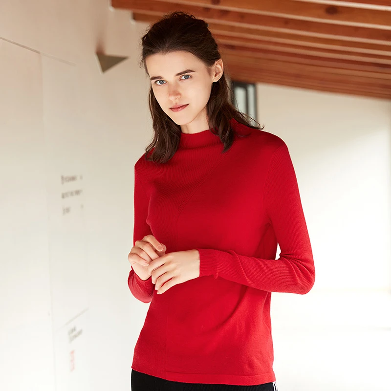 

ZHILI 2018 New Autumn Winter Half A Turtleneck Red Sweater 100% Wool