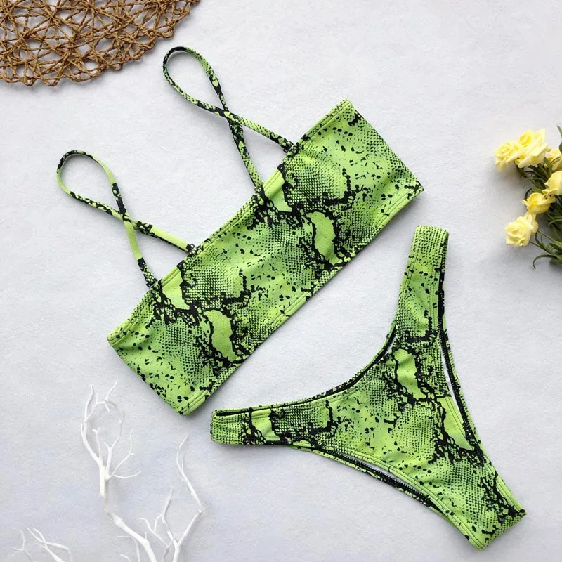 Бикини без бретелек 2019 змеиный принт три цвета купальник Женские сексуальные