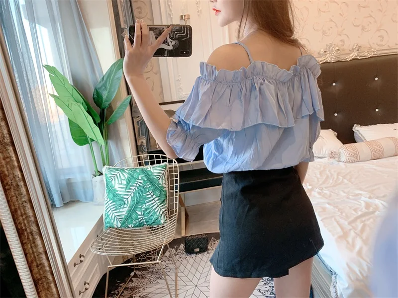 White Office Lady Elegant Lantern Sleeve Surplice Peplum Off the Shoulder Solid Blouse Autumn Sexy Women Tops And Blouses F20 | Женская