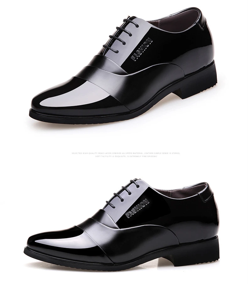 Height increasing 6CM Pointed Toe Formal Men Dress Shoes Patent Leather Wedding Shoes for Men Elegant Black Leather Shoe